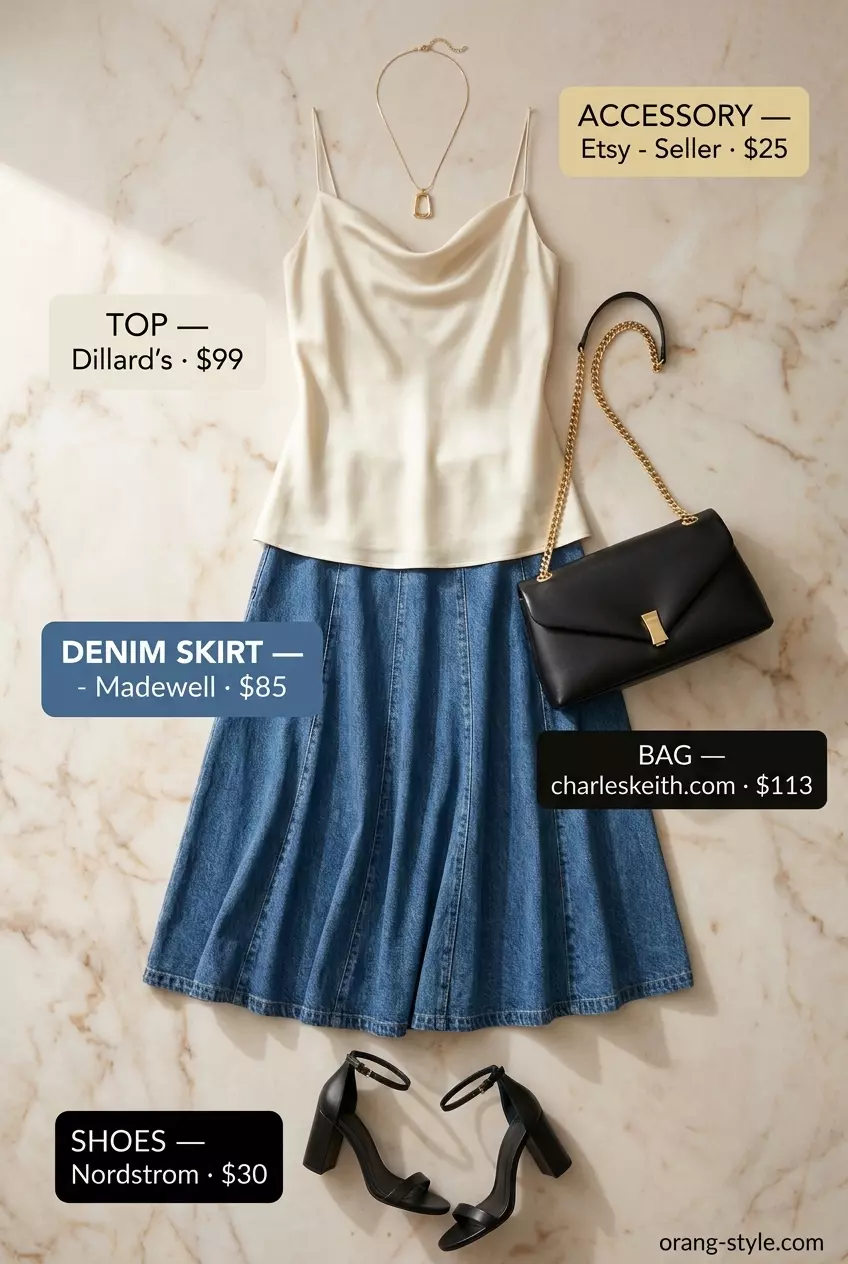 Chic summer evening denim skirt 2026: Satin cami, block heels, chain bag, pendant necklace.