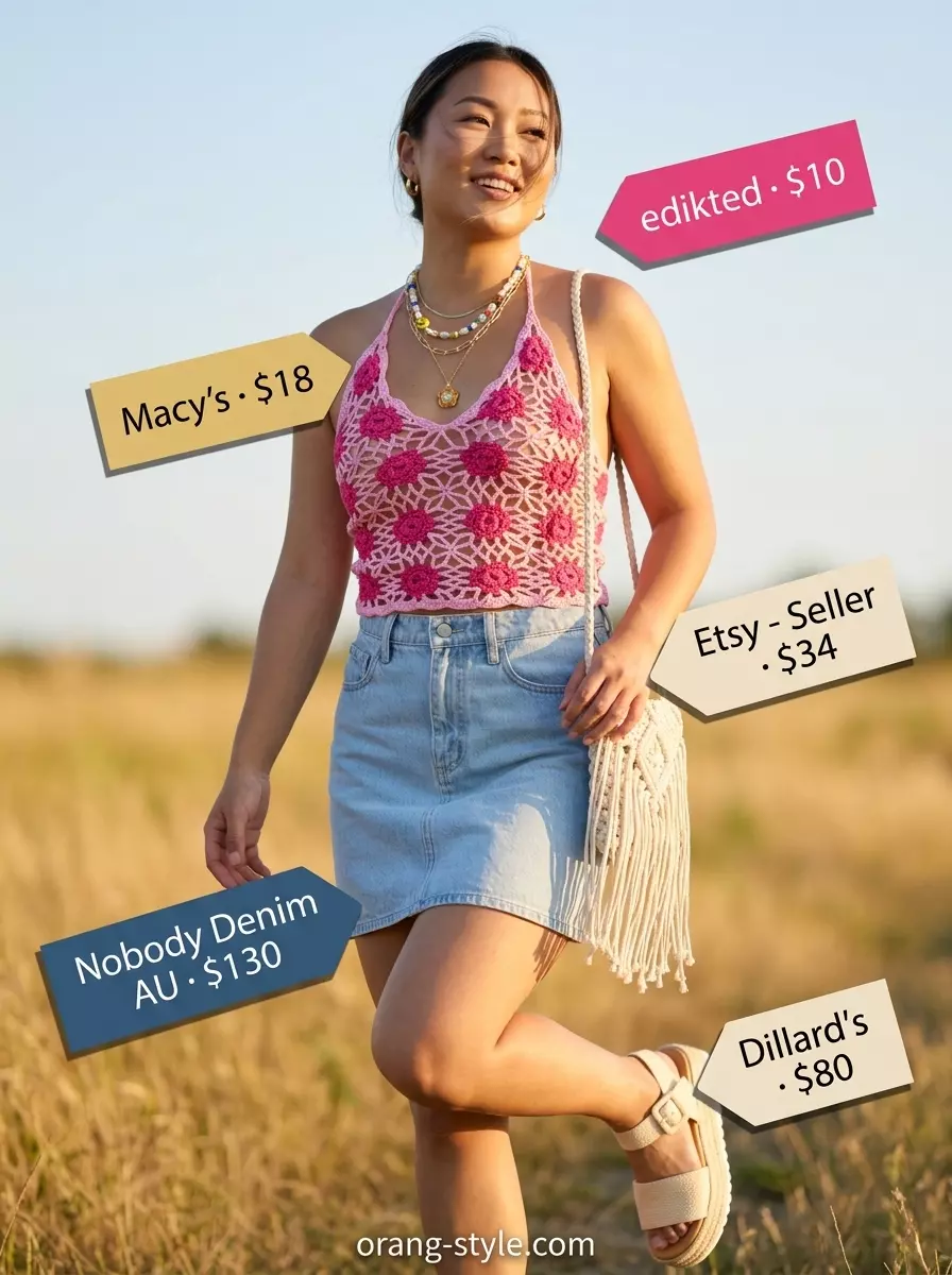 Festival denim skirt outfit 2026 with a crochet halter top, platform espadrilles, and fringe crossbody bag.