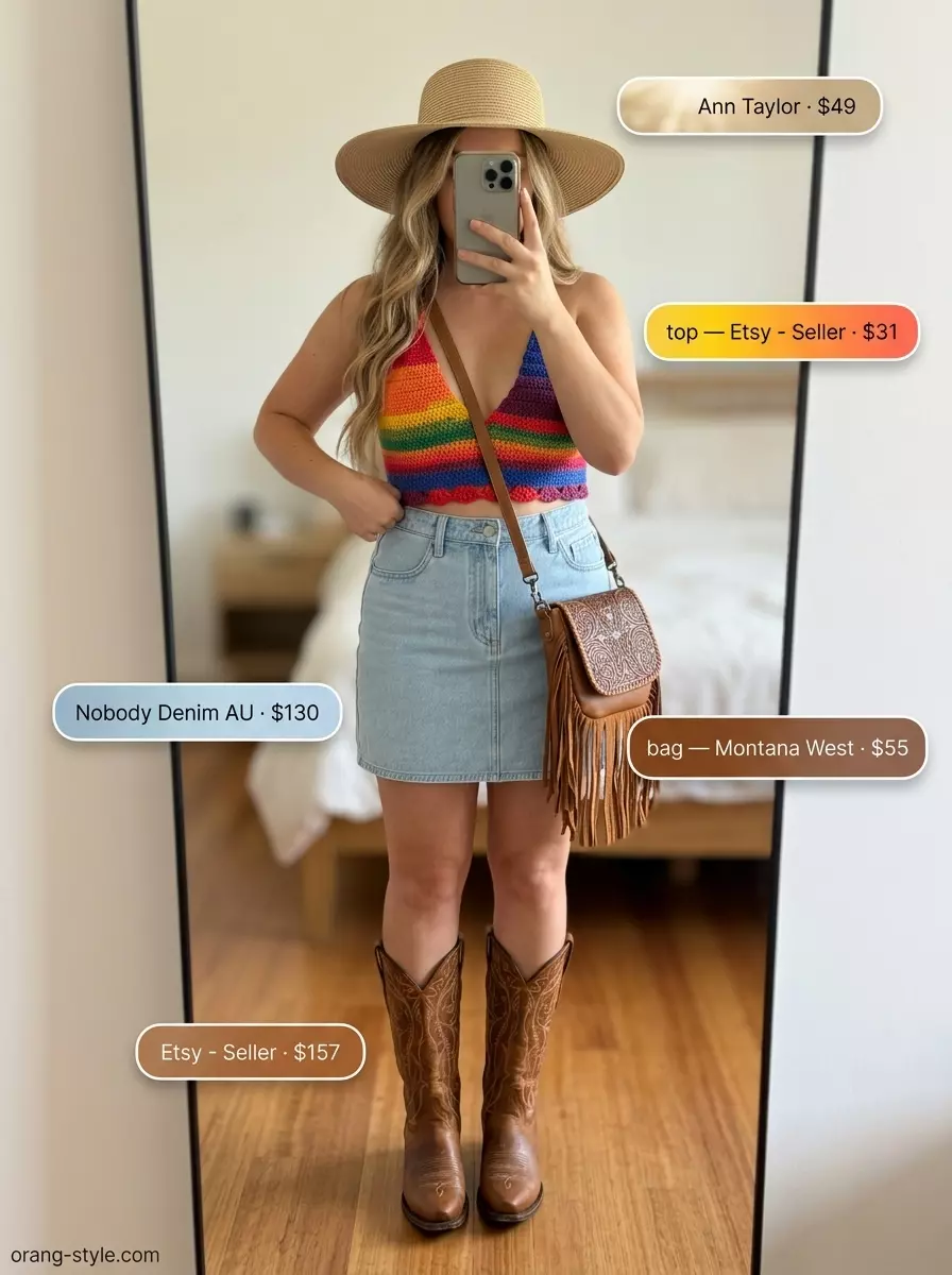 Festival ready denim skirt outfit 2026 with a colorful crochet top, cowboy boots, and straw hat.