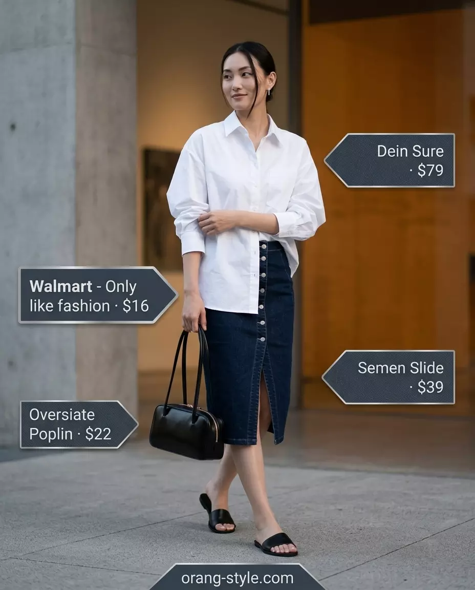 Modern minimalist summer denim skirt 2026: Crisp white shirt, structured bag, leather sandals.