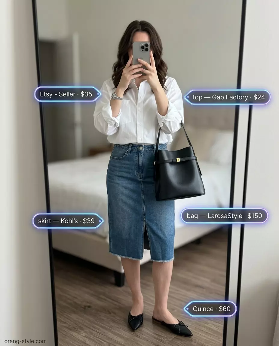 Modern minimalist denim skirt outfit 2026 with a white poplin shirt, pencil skirt, and leather mules.