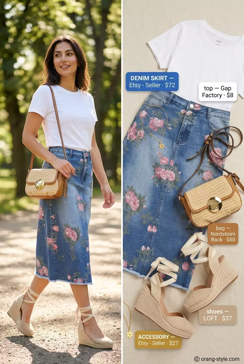 Picnic perfect summer denim skirt 2026: Floral print, white tee, espadrilles, straw bag.