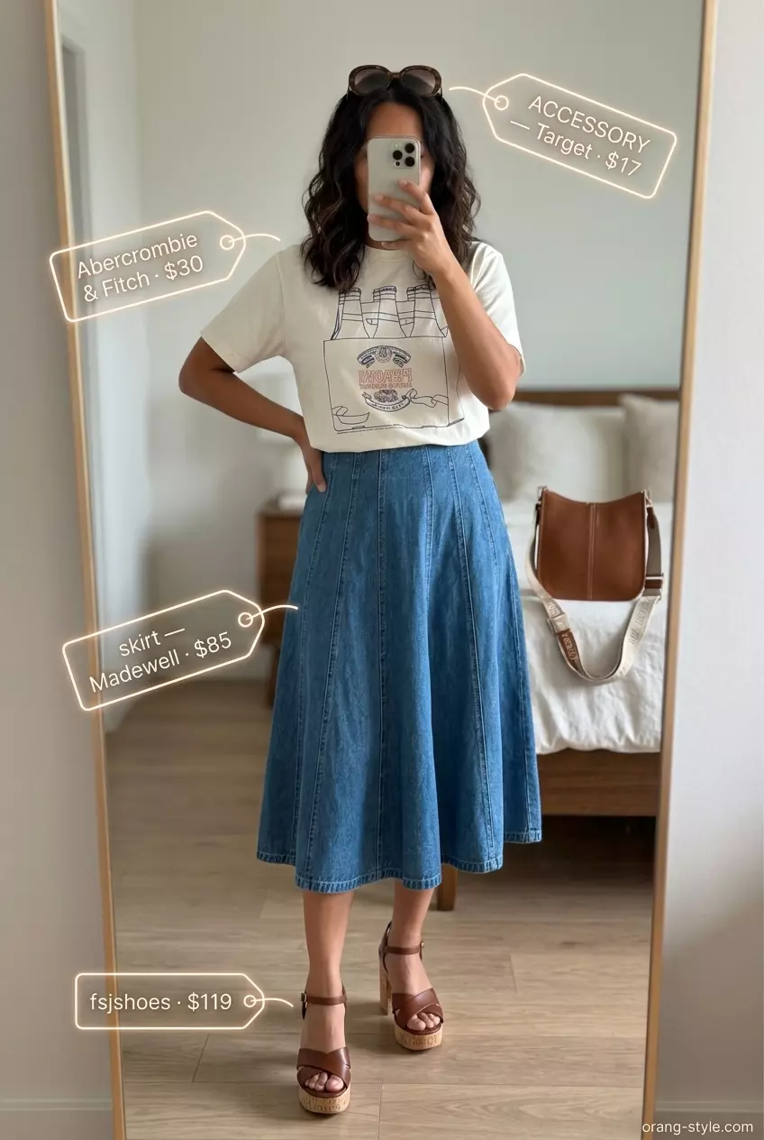 Retro cool denim skirt outfit 2026 with a graphic tee, platform sandals, and saddle bag for casual days.