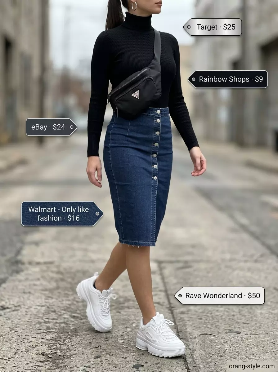 Urban explorer summer denim skirt 2026: Turtleneck, belt bag, chunky sneakers.