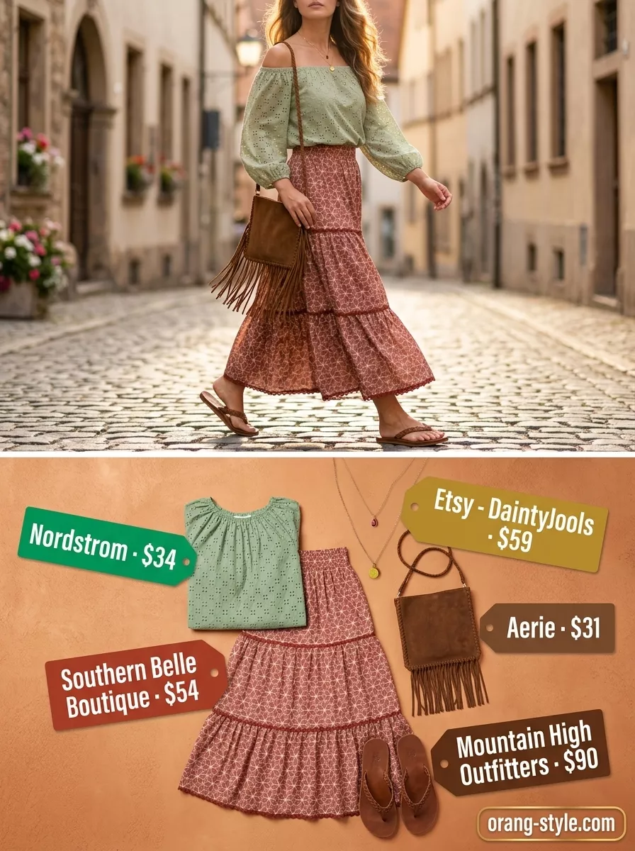 Bohemian Gathering Outfit 2026 Sage green eyelet off-shoulder top with terracotta maxi skirt for a bohemian gathering outfit 2026.