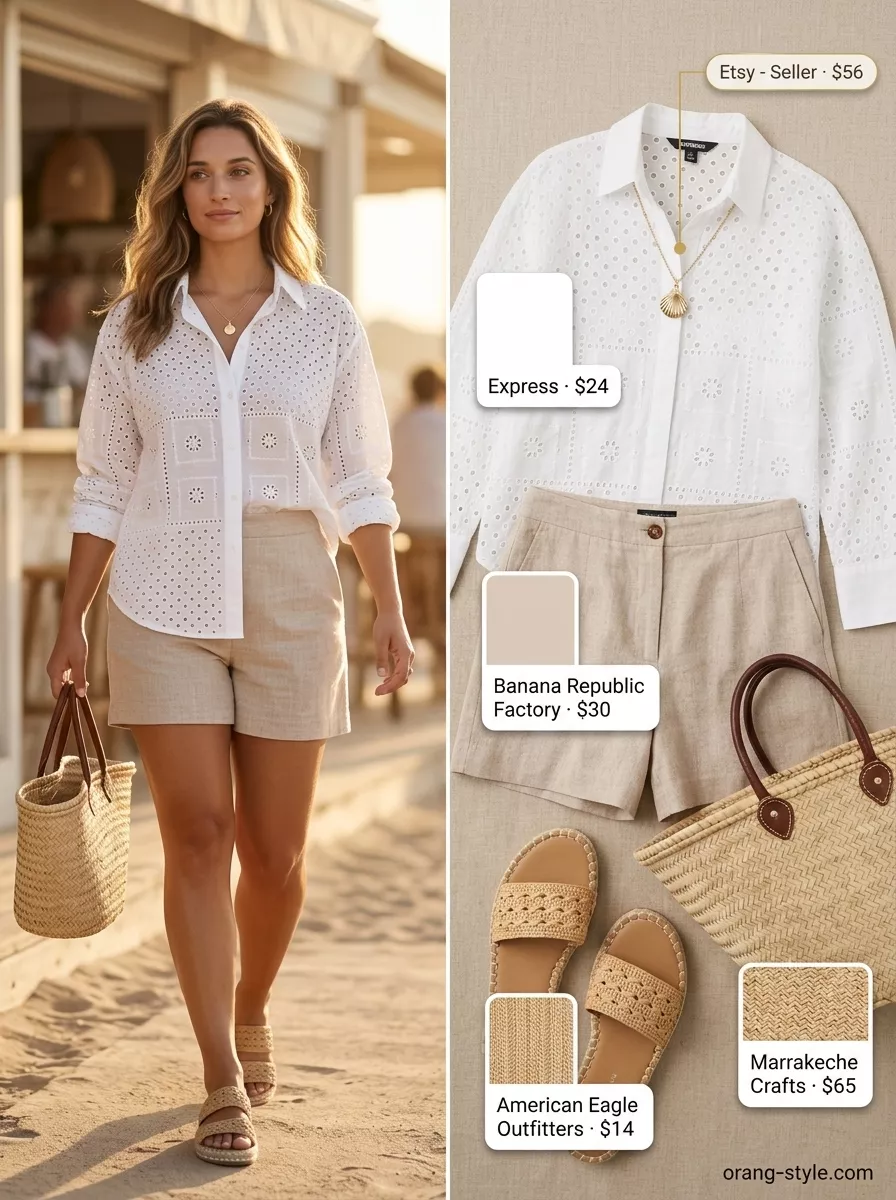 Summer Eyelet Tops Outfit 2026: Coastal Brunch Look Oversized white eyelet button-down shirt with linen shorts for a summer eyelet tops outfit 2026.