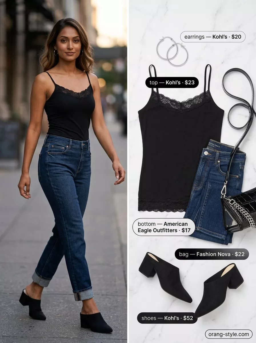 Summer Eyelet Tops Outfit 2026: Edgy Evening Style Fitted black eyelet camisole with dark wash denim jeans for a summer eyelet tops outfit 2026.