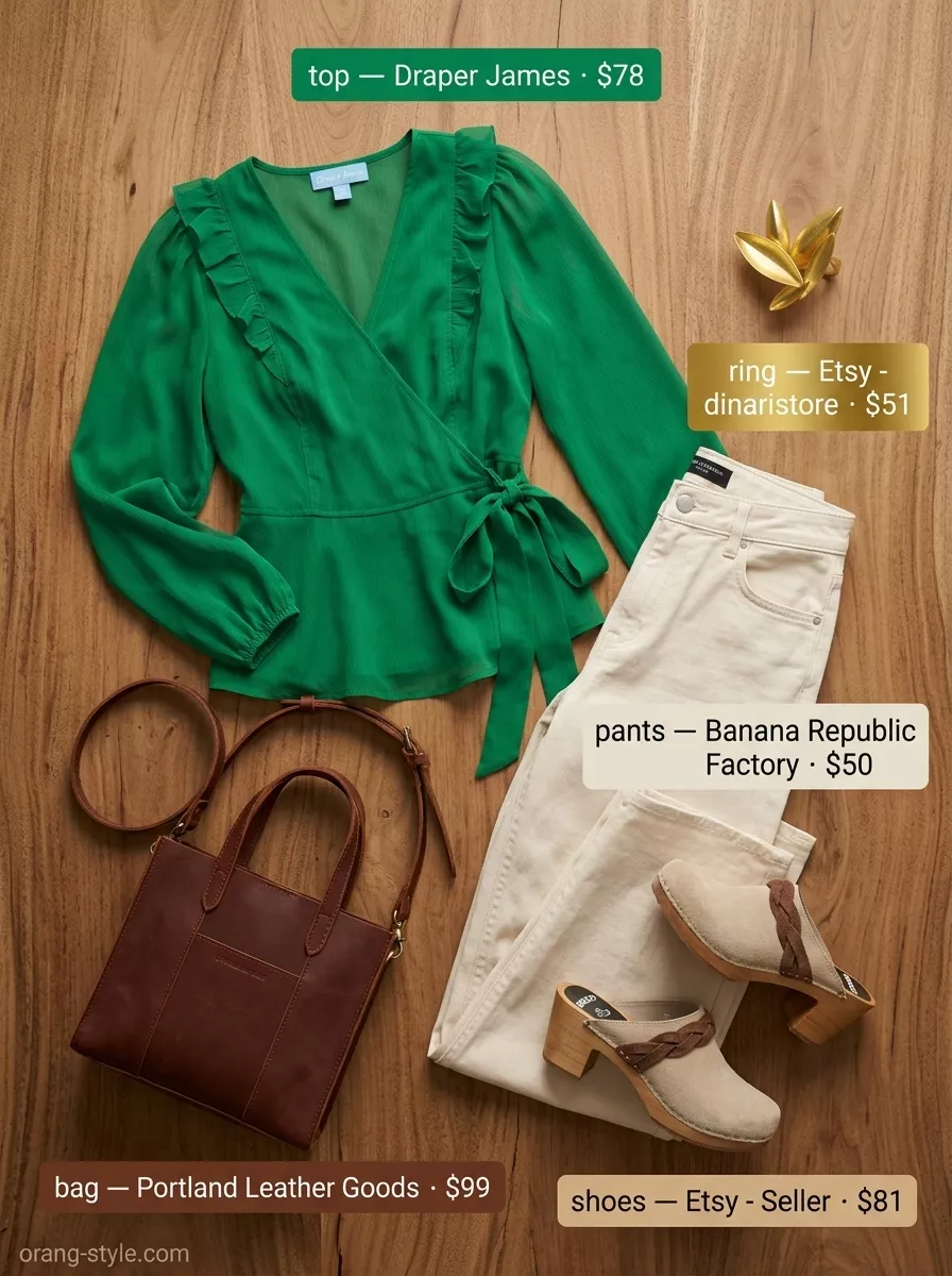 Summer Eyelet Tops Outfit 2026: Artsy Gallery Style Emerald green eyelet wrap blouse with ecru wide leg jeans for a summer eyelet tops outfit 2026.