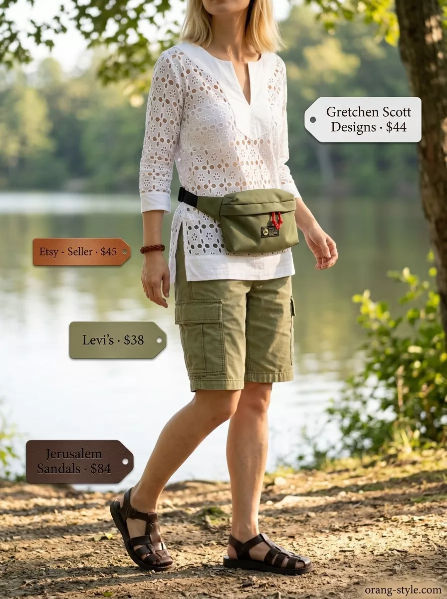 Summer Eyelet Tops Outfit 2026: Lakeside Adventure Functional summer eyelet tops outfit 2026: Cream high-neck tunic top, olive green cargo shorts, brown fisherman sandals for adventure.