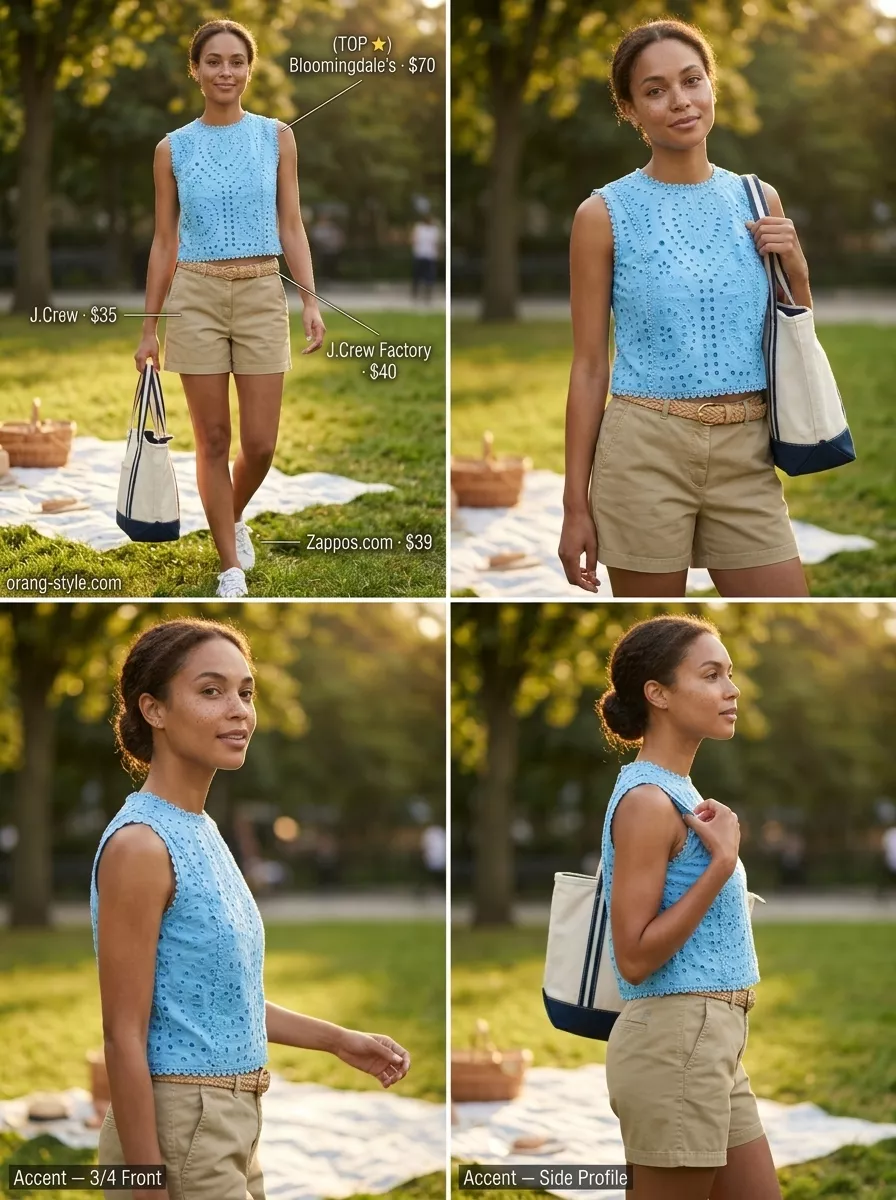 Summer Eyelet Tops Outfit 2026: Modern Picnic Look Sky blue eyelet shell top with khaki chino shorts for a summer eyelet tops outfit 2026.