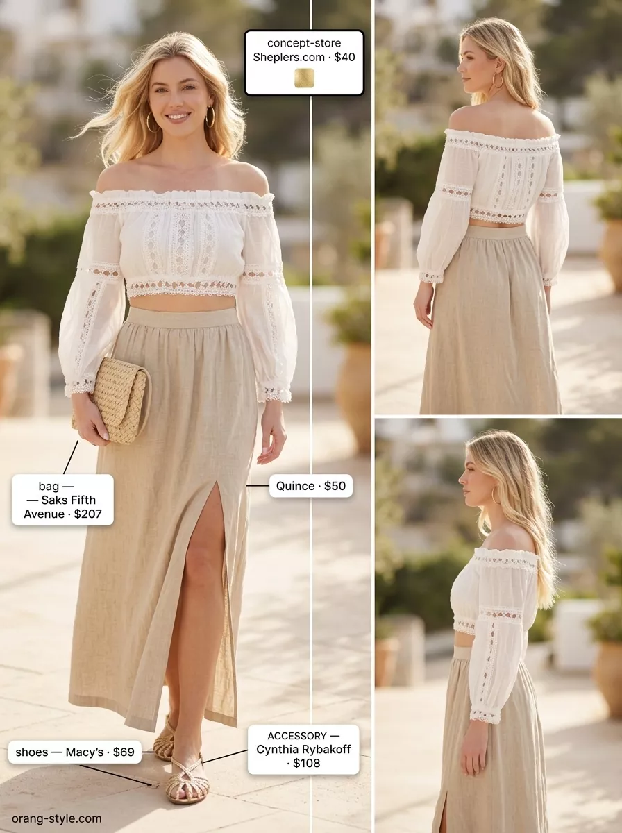 Summer Eyelet Tops Outfit 2026: Resort Dinner Style White eyelet off-the-shoulder top with tan linen maxi skirt for a summer eyelet tops outfit 2026.