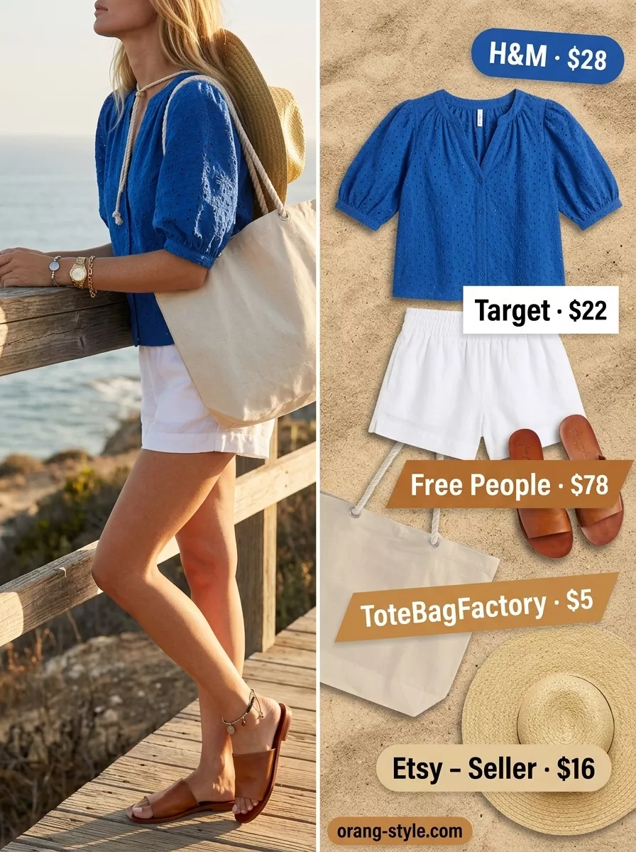 Summer Eyelet Tops Outfit 2026: Seaside Vacation Style Sky blue eyelet button-down shirt with white linen shorts for a summer eyelet tops outfit 2026.