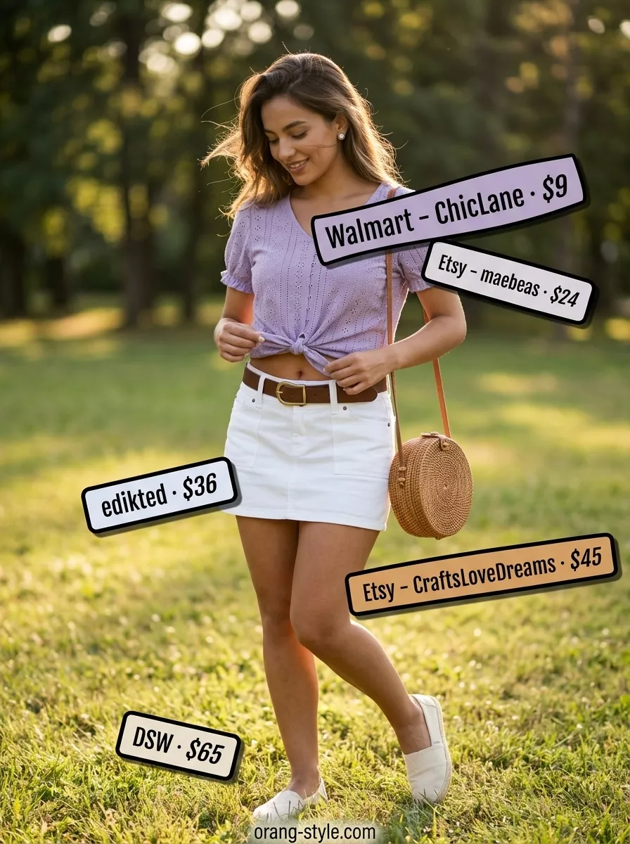 Summer Eyelet Tops Outfit 2026: Sweet Park Picnic Sweet summer eyelet tops outfit 2026: Lavender tie-front top, white denim mini skirt, rattan bag for park picnic.