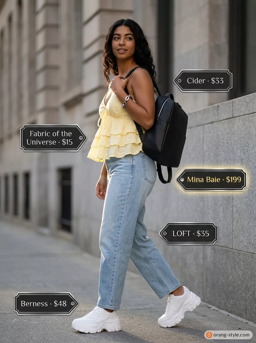 Summer Eyelet Tops Outfit 2026: Urban Gallery Hop Cool summer eyelet tops outfit 2026: Cream eyelet cropped top, light wash barrel jeans, platform sneakers for gallery hop.