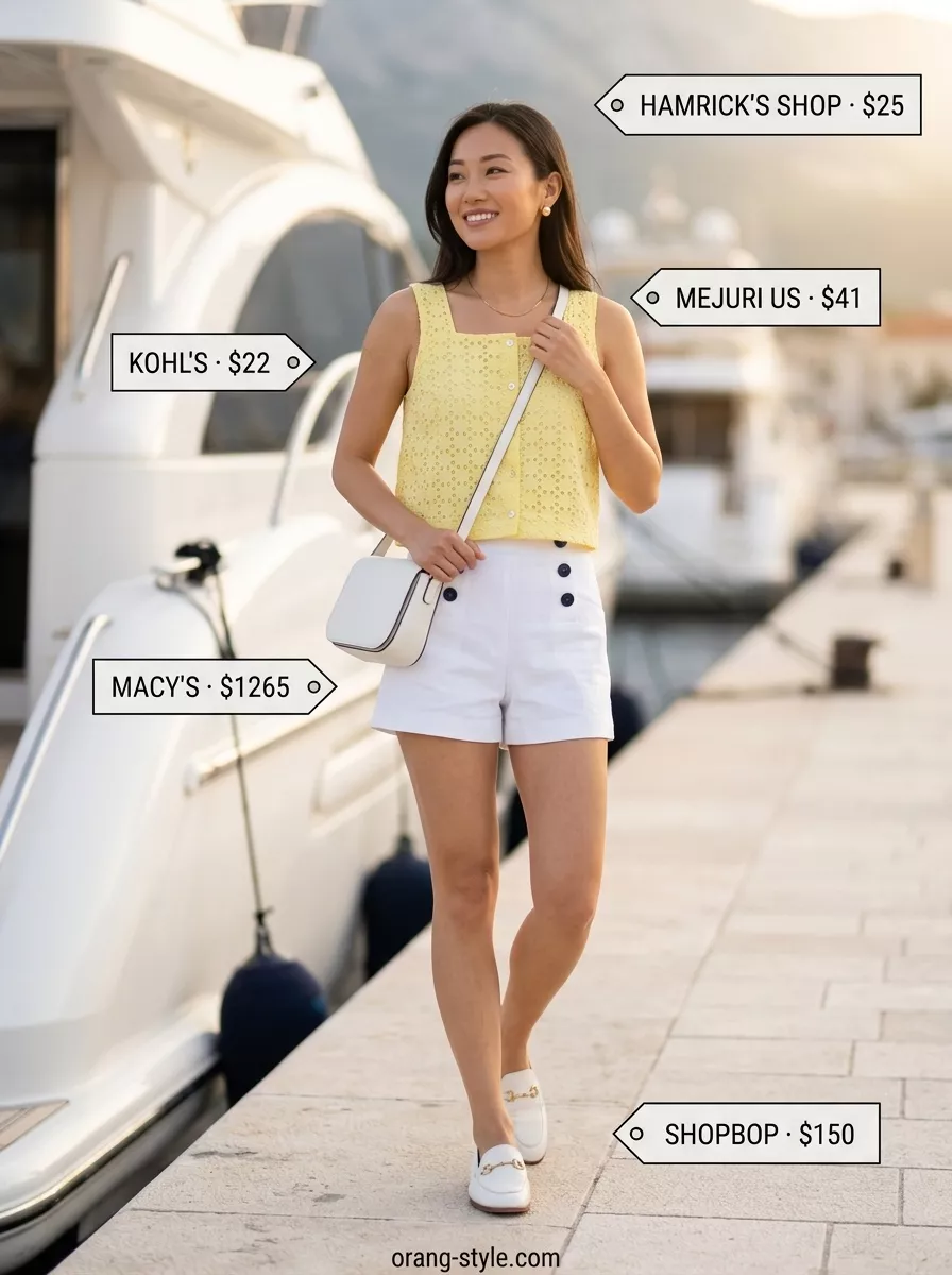 Yacht Club Lunch Outfit 2026 Lemon yellow eyelet tank top with navy shorts for a yacht club lunch outfit 2026.