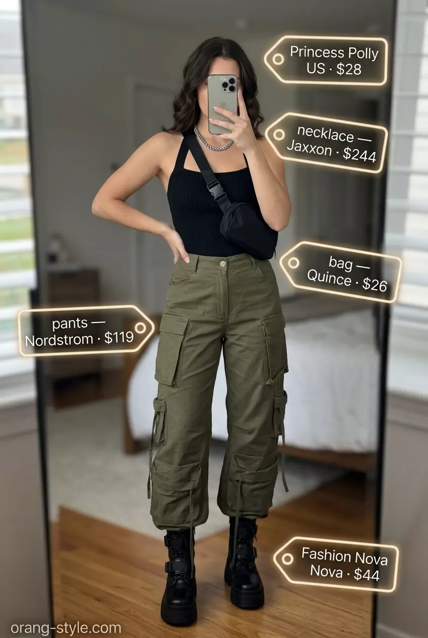 Edgy black halter crop top with olive green cargo pants for streetwear summer outfits 2026.
