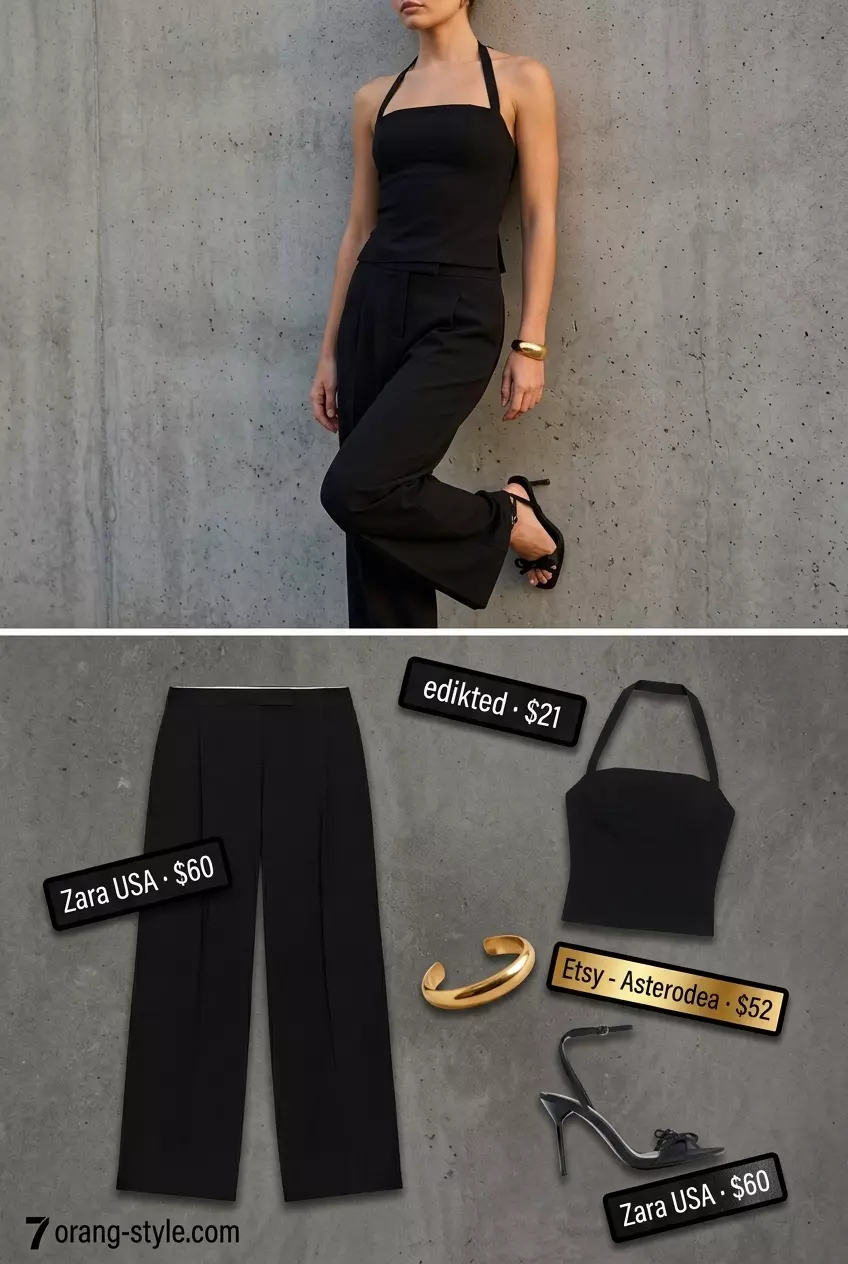 Chic black halter crop top with wide-leg trousers for evening summer outfits 2026. Gold cuff.