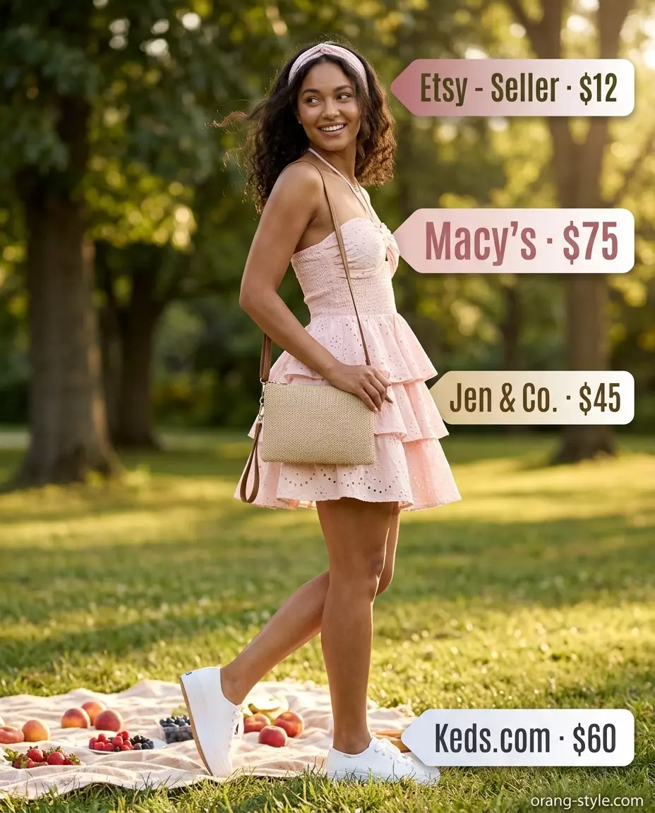 Sweet blush pink halter mini dress for summer date outfits 2026. White sneakers & floral headband.