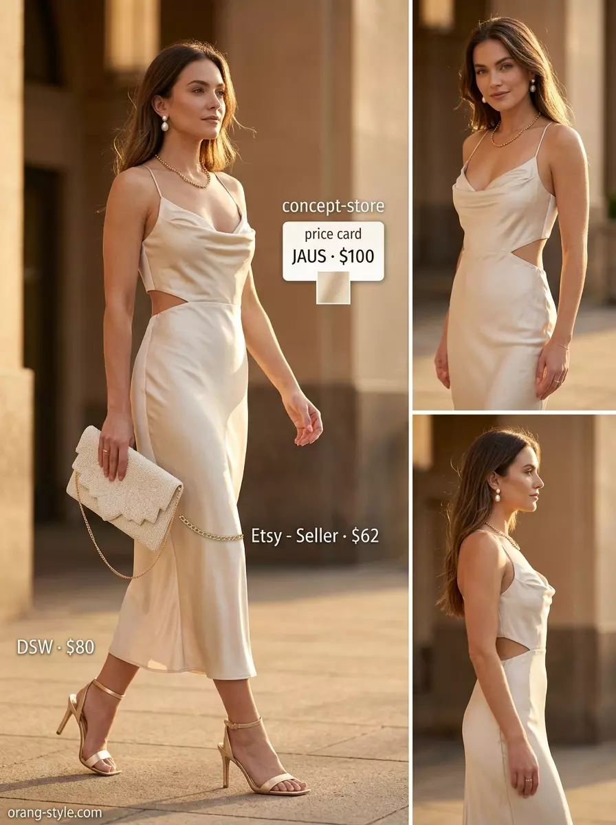 Luxurious summer halter neck outfit 2026: Champagne slip dress, gold sandals, and pearl earrings.