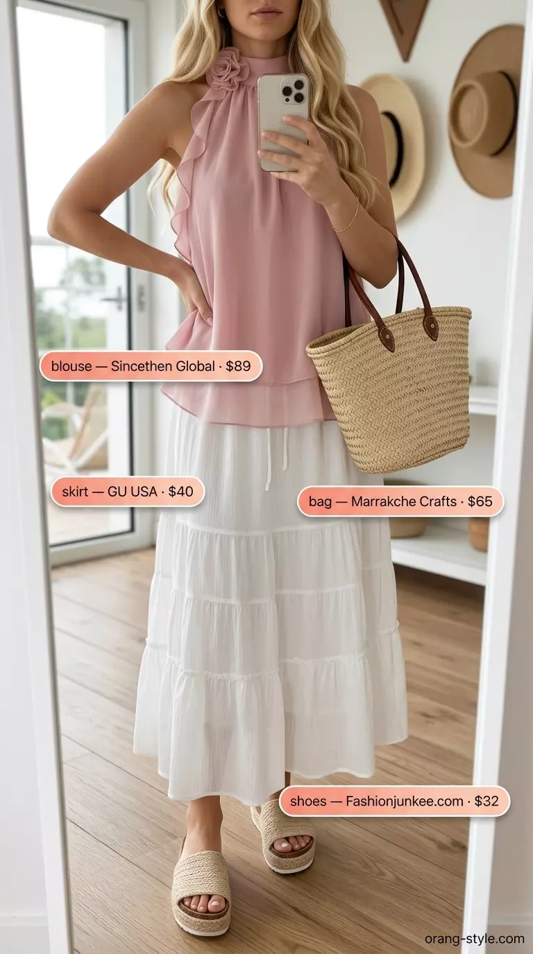 Relaxed summer halter neck outfit 2026: Coral halter blouse, tiered white midi skirt, straw tote, and espadrilles.