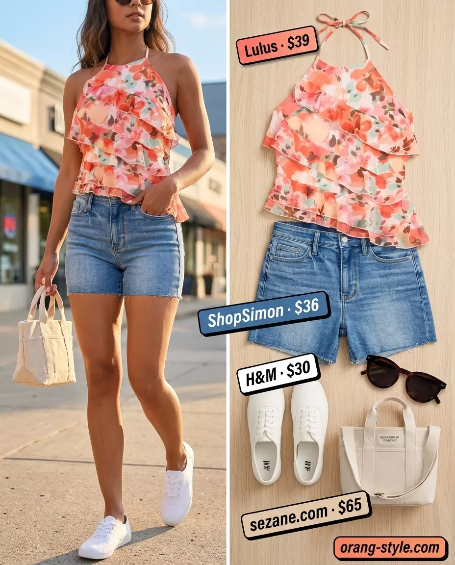 Playful coral floral halter top with denim shorts for casual summer outfits 2026. White sneakers.