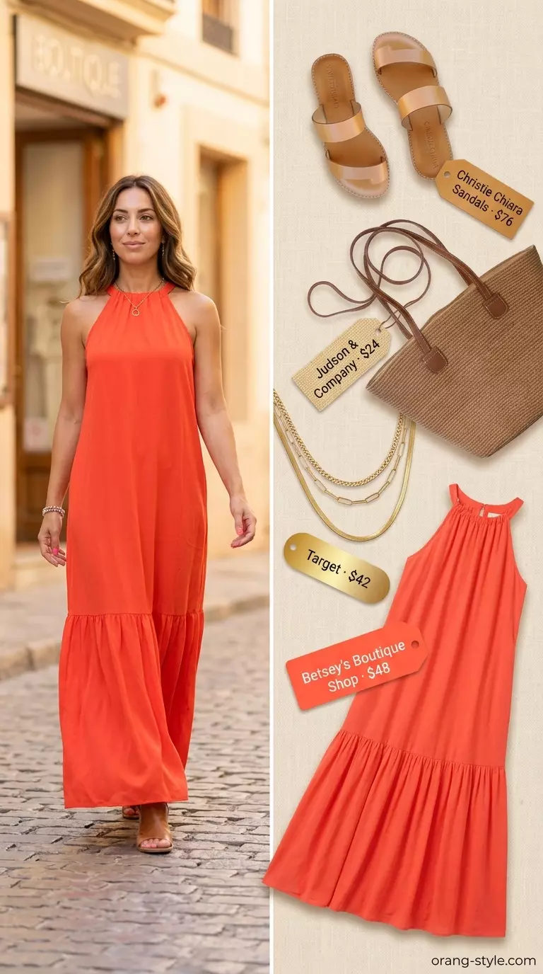 Vibrant coral tiered maxi halter dress with flat sandals, effortless summer Halter Neck outfits for women 2026.