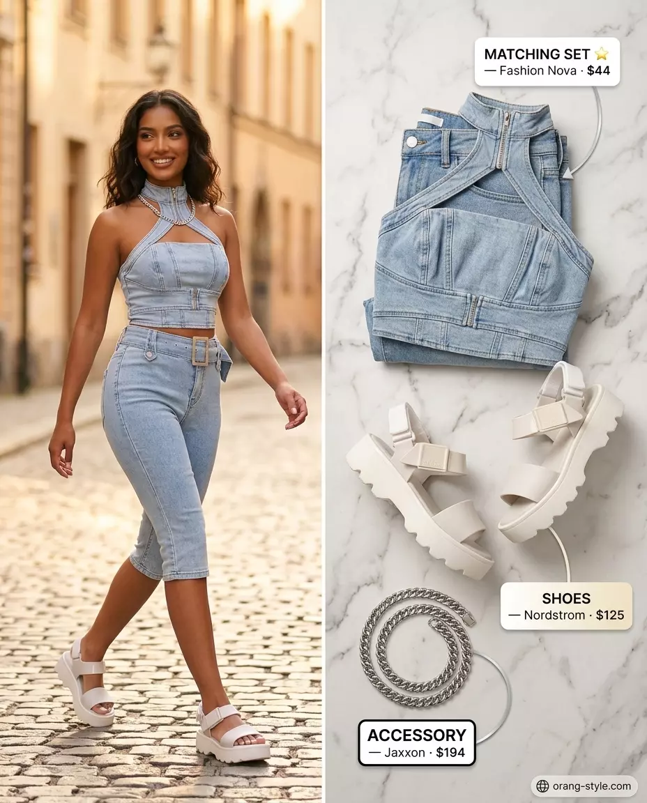 Playful summer halter neck outfit 2026: Denim bralette and mini skirt set, silver necklace, and platform sandals.