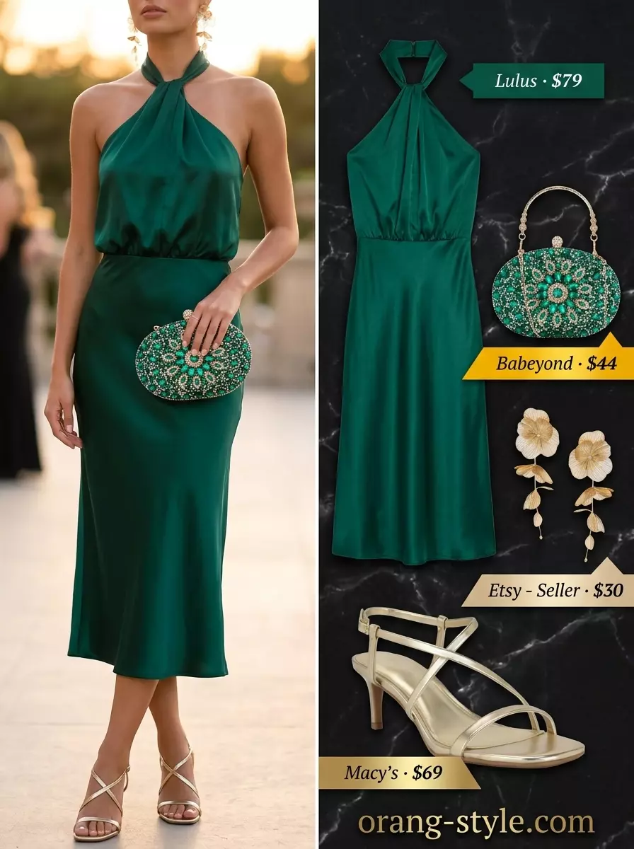 Elegant emerald green satin halter midi set for summer wedding guest outfits 2026. Gold sandals & clutch.