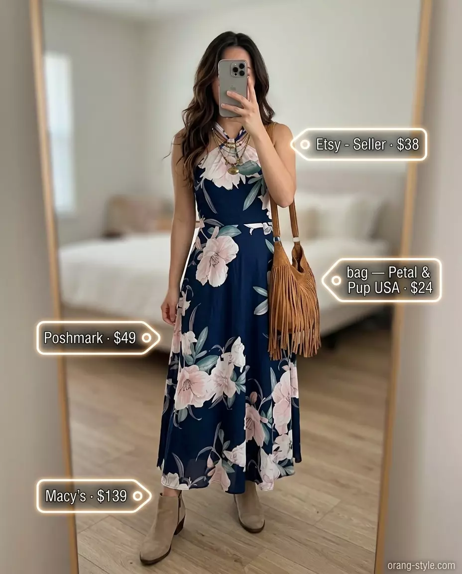 Bohemian floral halter maxi dress with ankle boots, free-spirited summer Halter Neck outfits for women 2026.