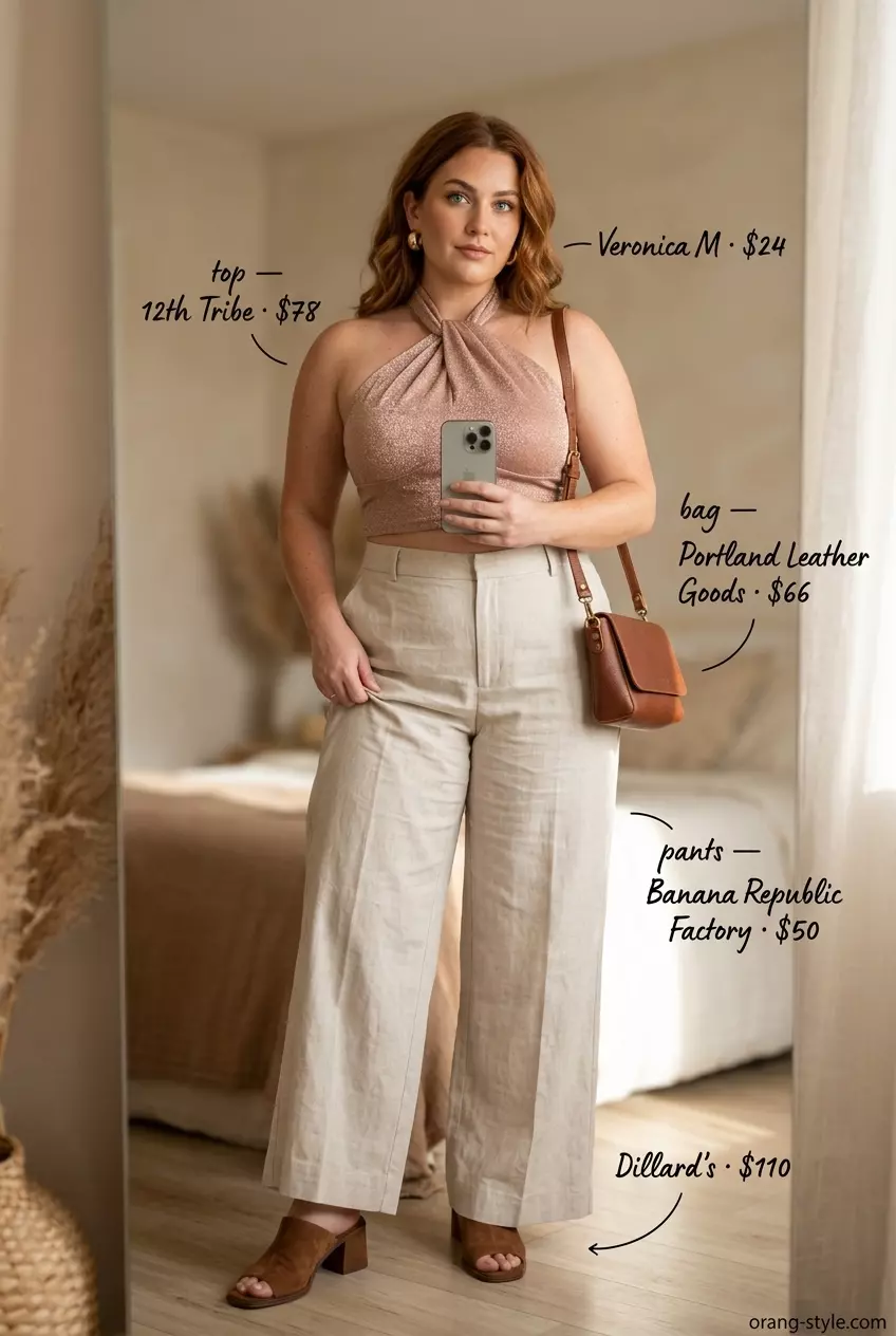 Glamorous summer halter neck outfit 2026: Gold halter top, beige linen pants, gold hoops, and heeled mules.