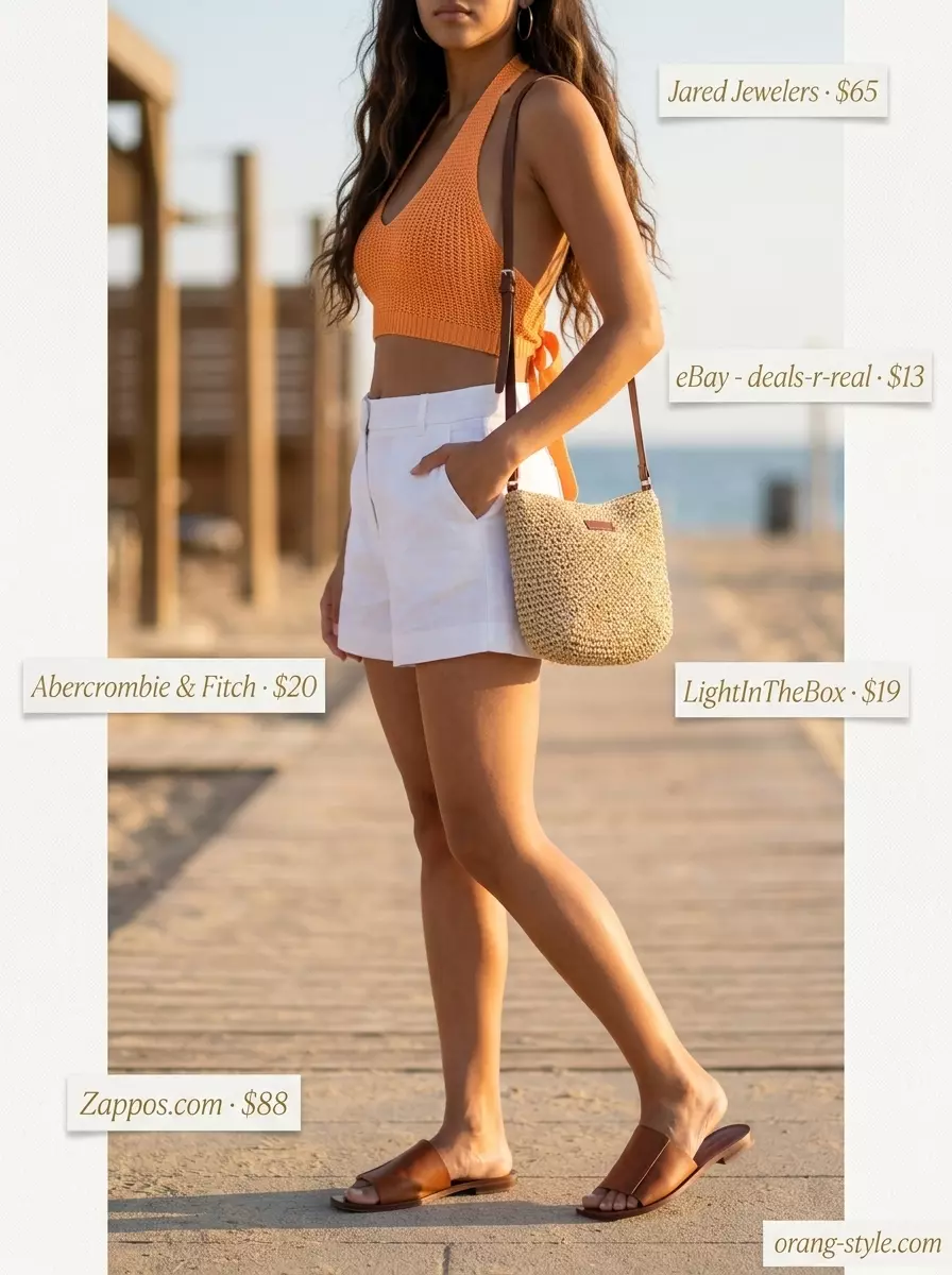 Bright orange halter crop top with white linen shorts, perfect summer Halter Neck outfits for women 2026.
