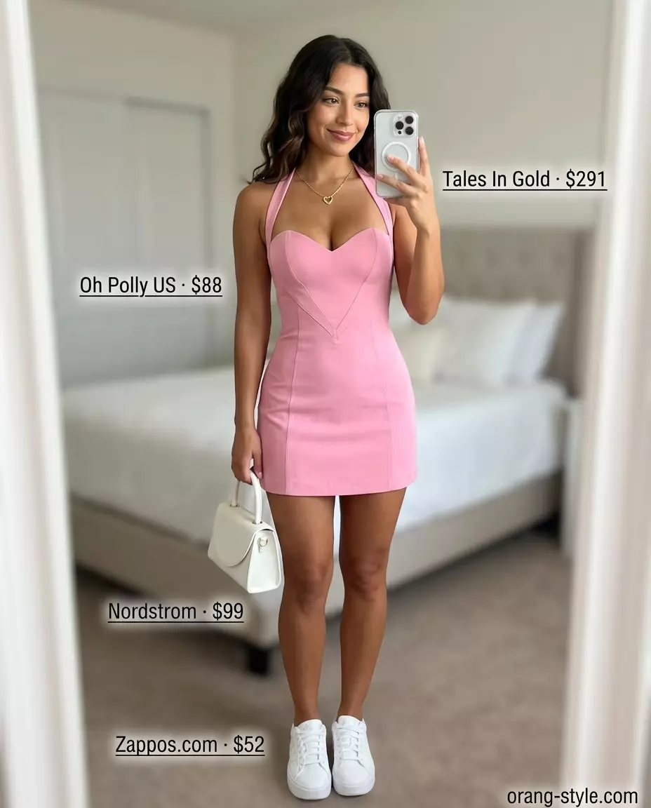 Pastel pink halter mini dress with sweetheart bust, sweet summer Halter Neck outfits for women 2026.