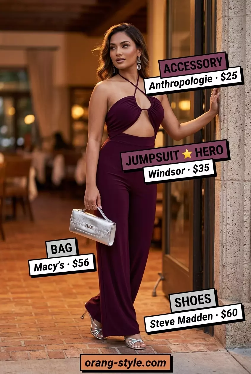 Deep plum wide-leg halter jumpsuit with silver sandals, chic summer Halter Neck outfits for women 2026.