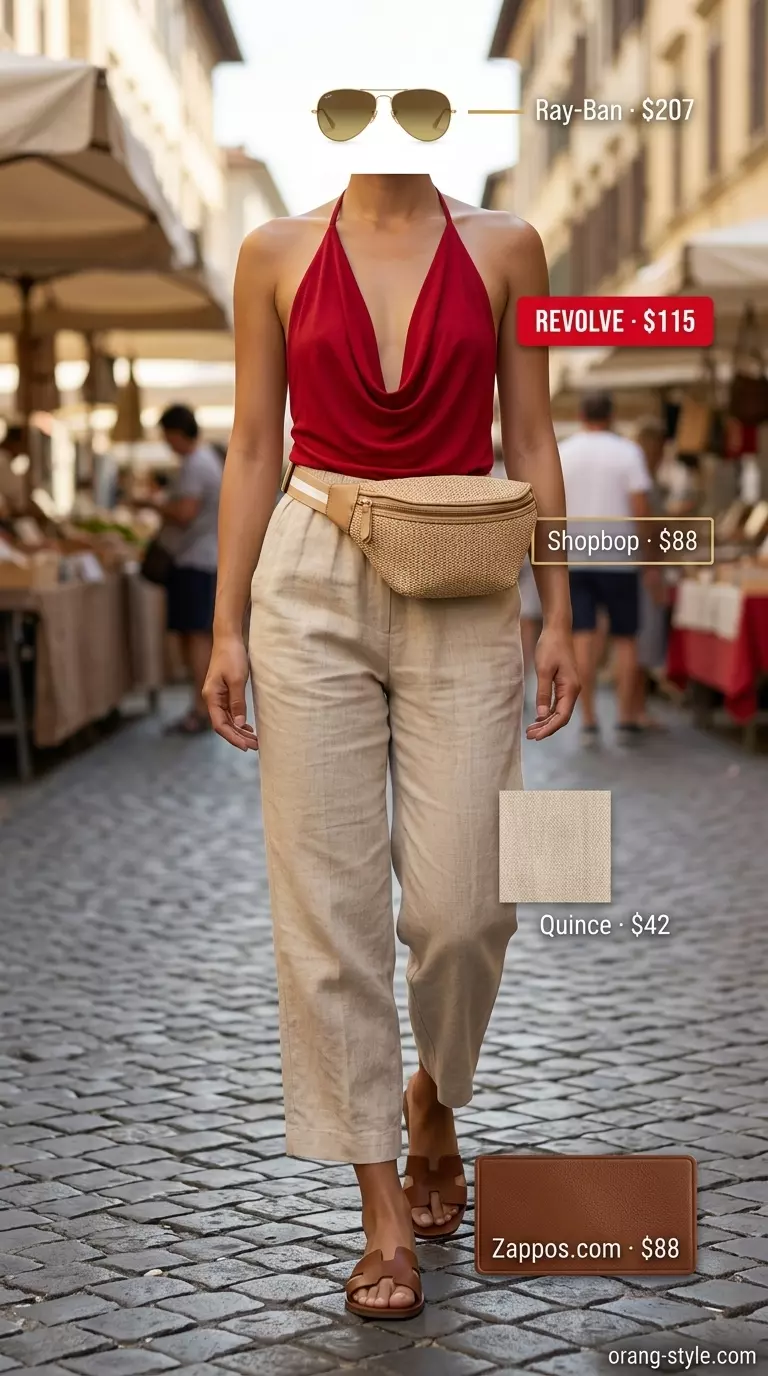 Bold red halter top with beige linen pants for vacation casual summer outfits 2026. Gold aviators.