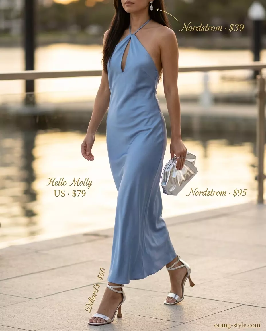 Elegant summer halter neck outfit 2026: Sky blue maxi dress, silver clutch, and strappy heeled sandals.