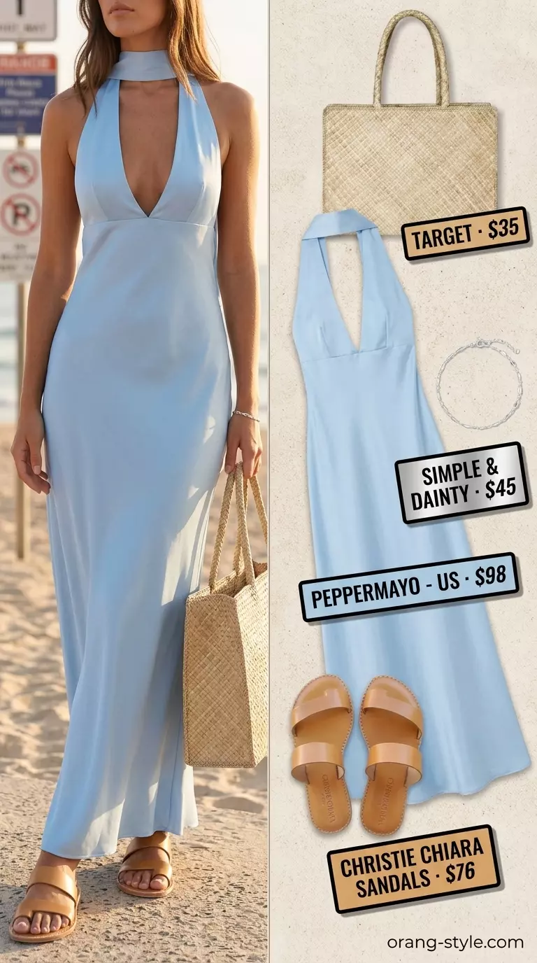 Relaxed sky blue halter maxi dress for beach day summer outfits 2026. Straw tote bag.