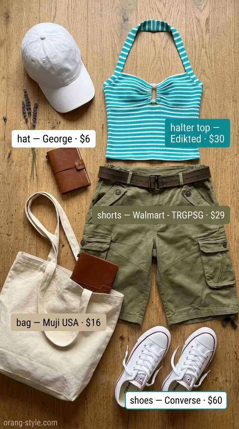 Teal and white striped halter tank top with khaki cargo shorts, casual summer Halter Neck outfits for women 2026.