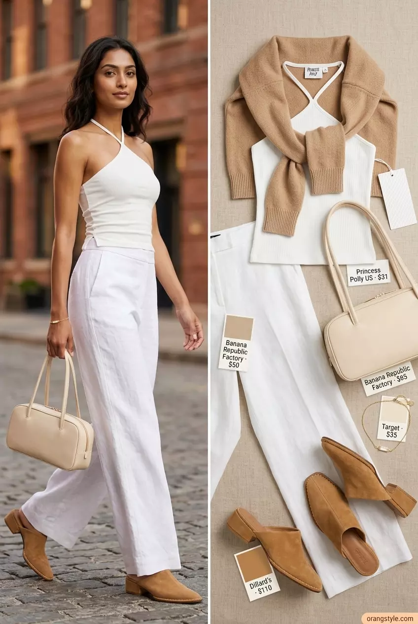 Sophisticated summer halter neck outfit 2026: White ribbed halter top, beige linen pants, tan mules, and top-handle bag.