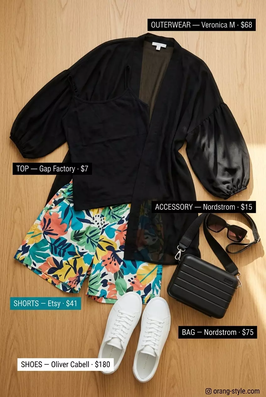 Artistic abstract print shorts outfit with black tank and solid kimono for a fashion event.