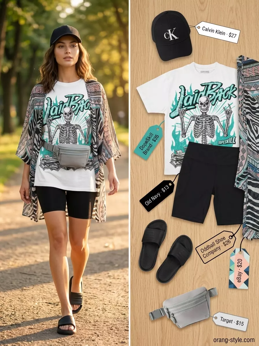 Athleisure beach day outfit with biker shorts, graphic tee, and sheer geometric kimono.