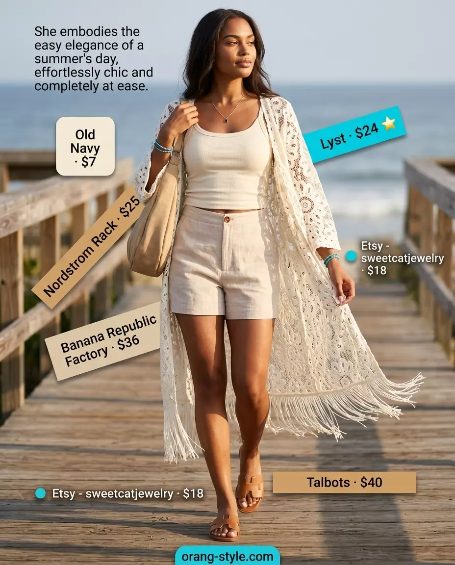 Boho beach vibes outfit with linen shorts, ribbed tank, and crochet trim kimono.