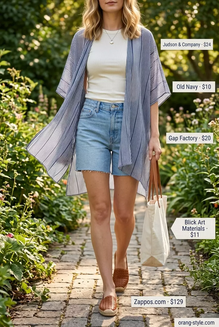 Classic denim shorts outfit with striped kimono and white tee for everyday casual wear.