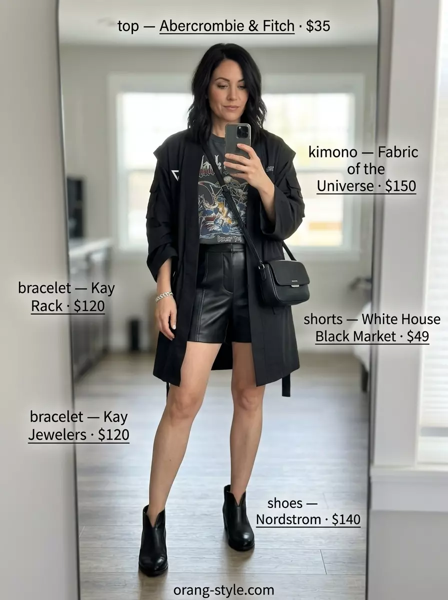 Edgy black faux leather shorts outfit with band tee and satin kimono for a concert or night out.