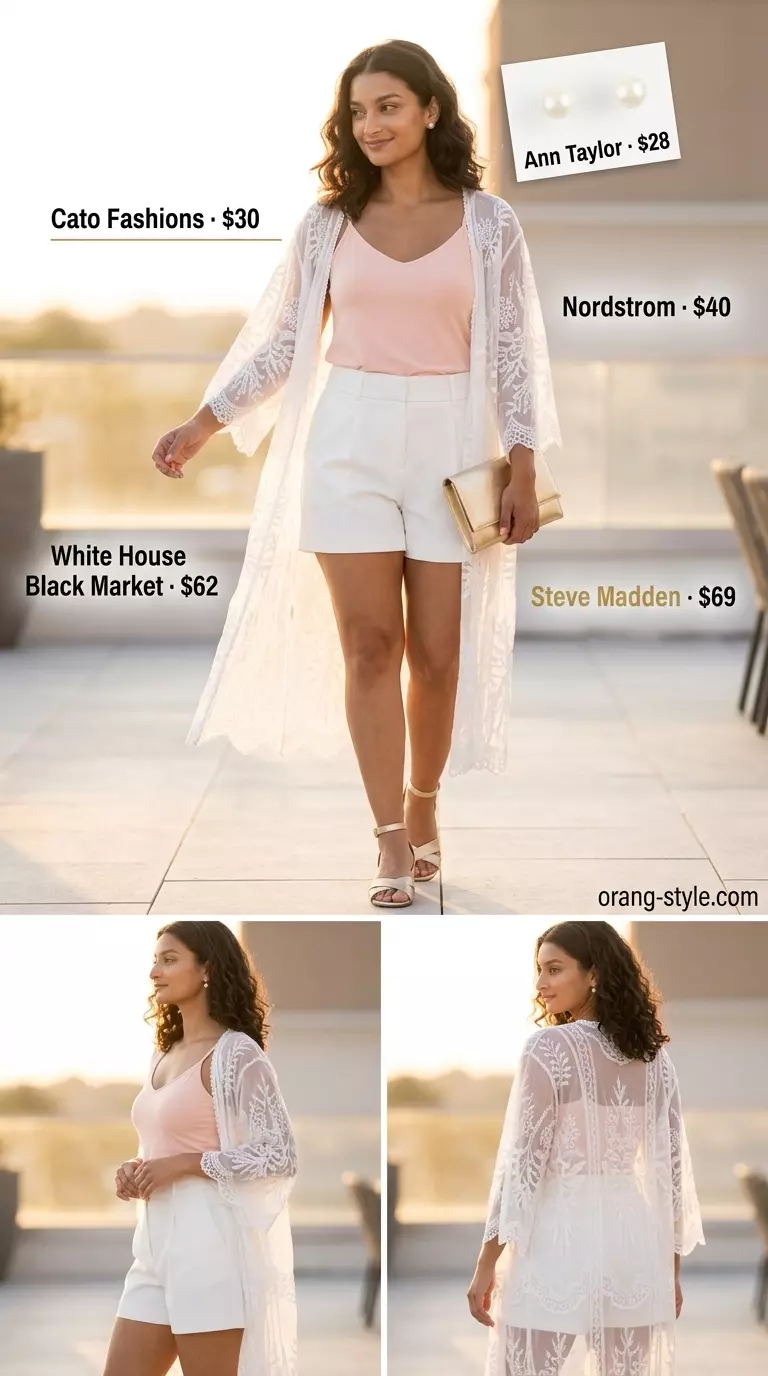Romantic blush pink outfit with lace kimono, tailored shorts, and block heel sandals.