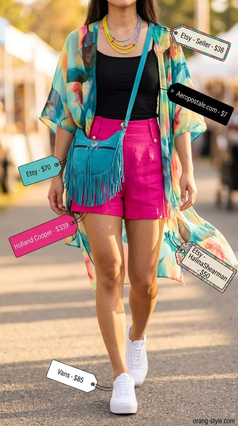 Vibrant fiesta outfit with hot pink shorts, black tank, and colorful abstract kimono.