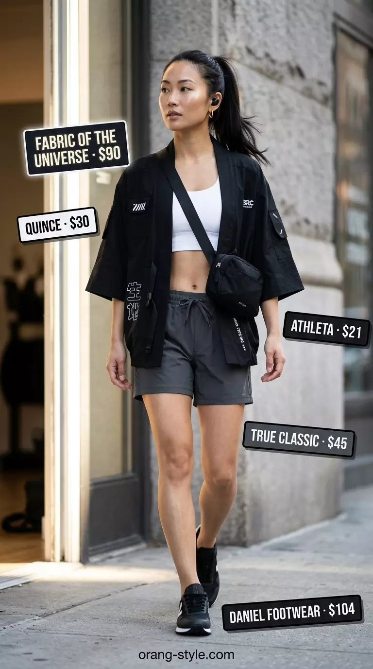 Athleisure summer kimono with shorts outfit for women 2026: athletic shorts, sports kimono, sneakers, belt bag.