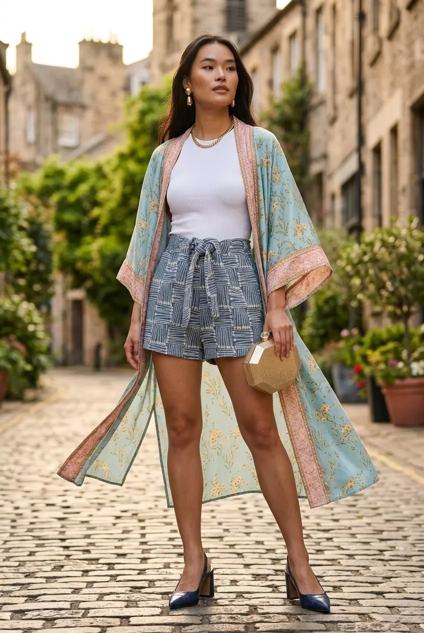 Bold Geometric: Summer kimono with shorts outfits for women 2026. Navy shorts, emerald kimono jacket, white top.