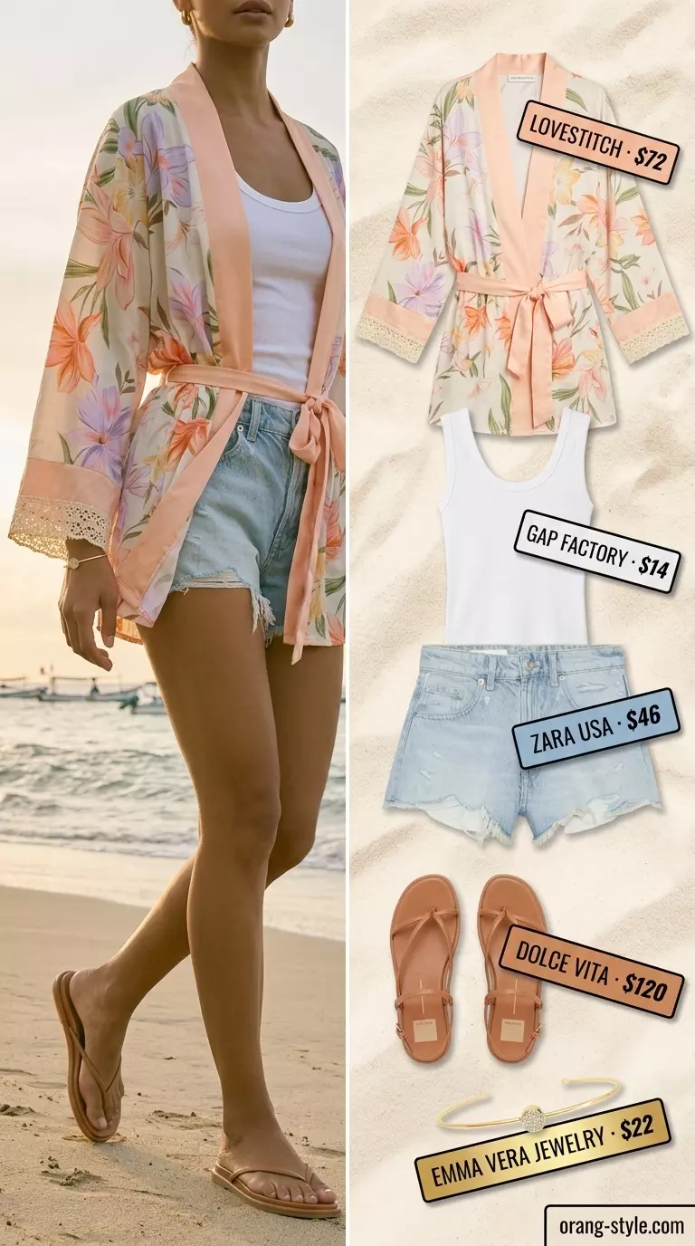 Coastal summer kimono with shorts outfit for women 2026: denim shorts, ribbed tank, floral kimono, sandals.