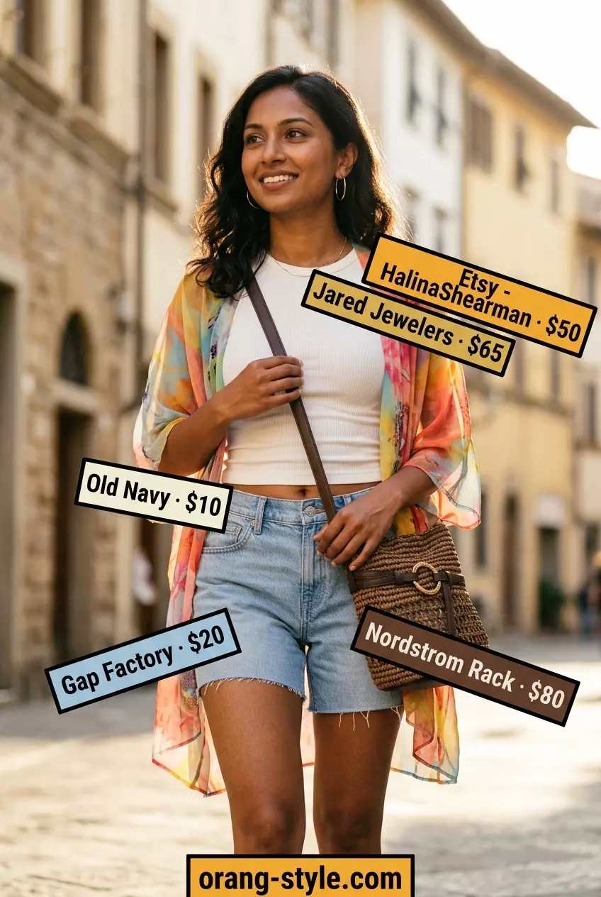 Casual summer kimono with shorts outfit for women 2026: denim shorts, white tee, abstract print kimono, sneakers.