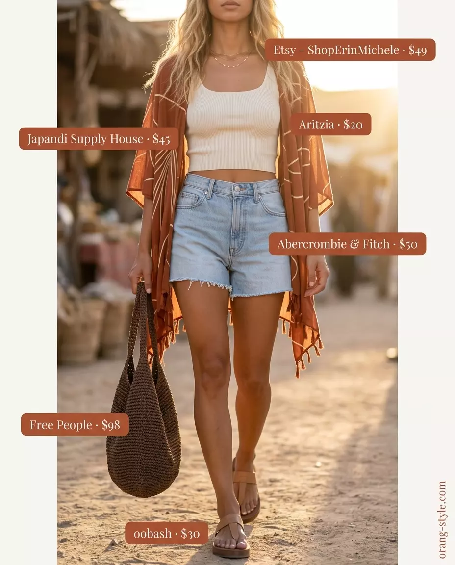Desert Mirage: Summer kimono with shorts outfits for women 2026. Terracotta kimono, denim shorts, cream tank.